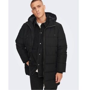 Only & Sons Black Hooded Puffer Coat